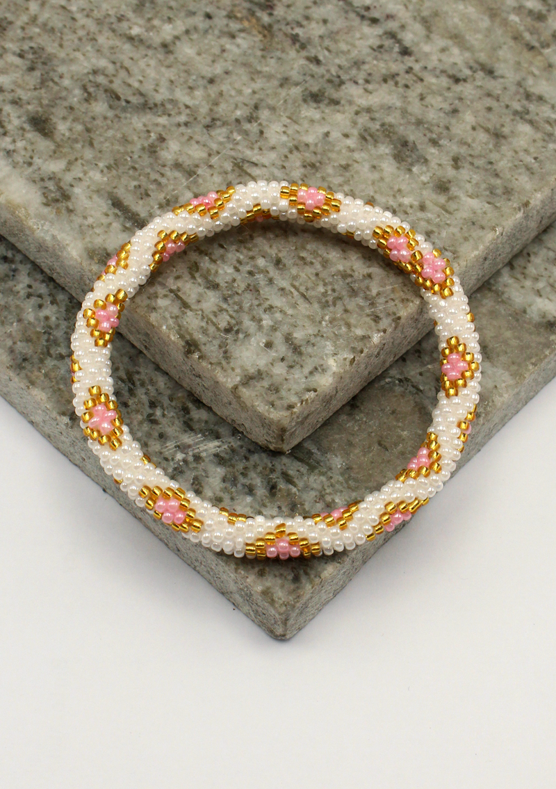 White Pink Glass Roll on Beads Bracelet