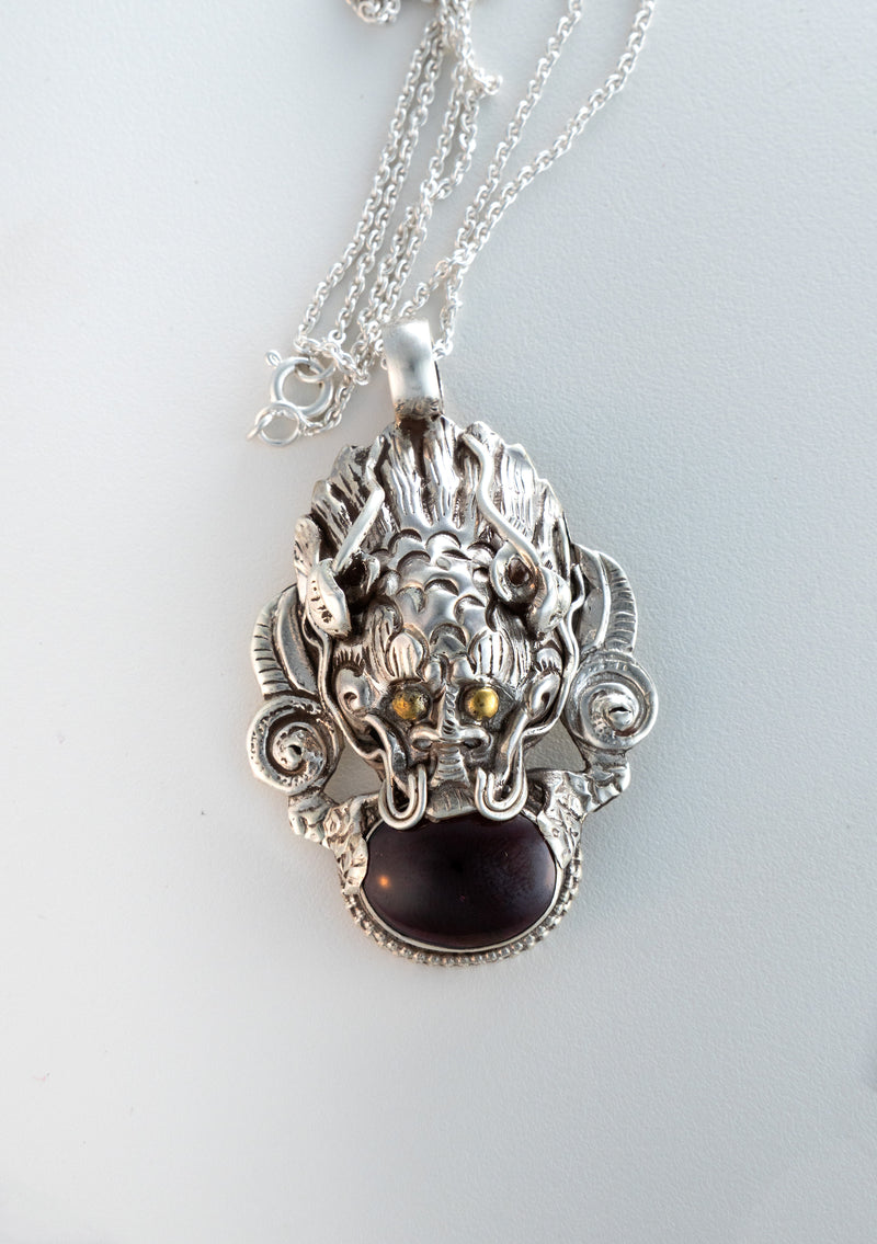 Sterling Silver Garnet Dragon Pendant with Chain