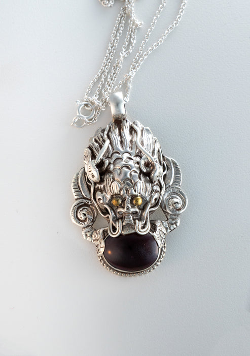 Sterling Silver Garnet Dragon Pendant with Chain