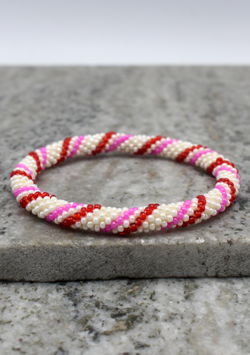 Red White Stripe  Nepalese Roll on  Beads Bracelet
