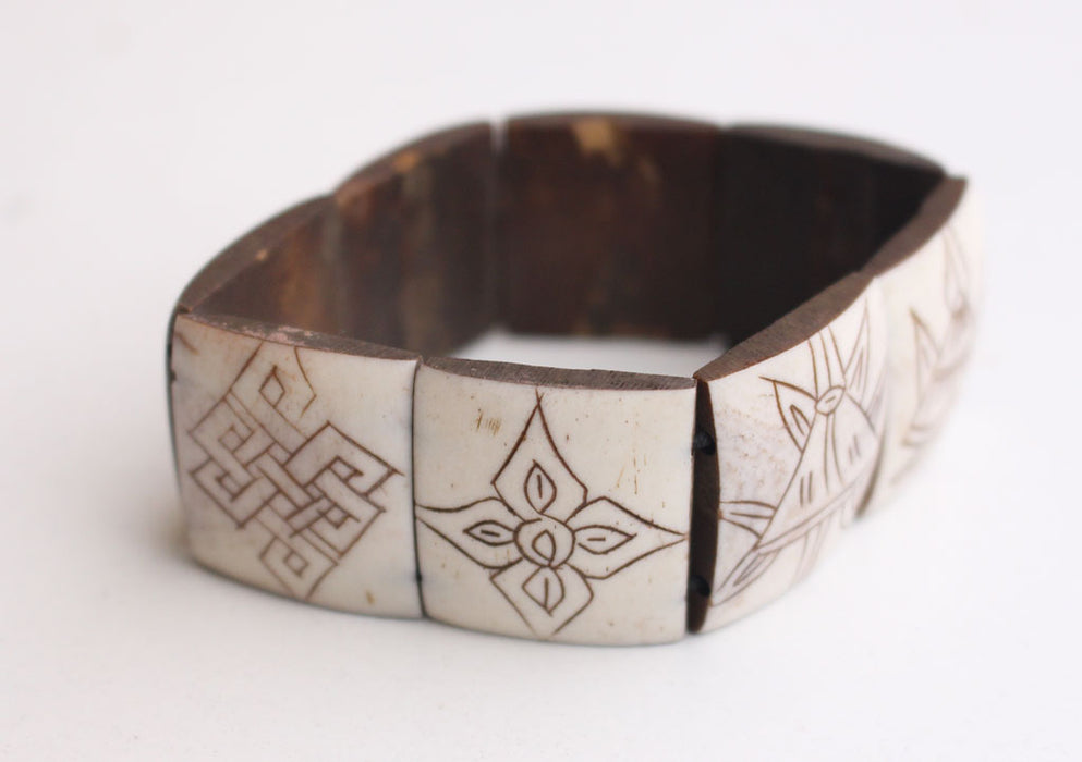 Om, Endless Knot and 8 Auspicious Symbol Carved Yak Bone Adjustable Bracelet