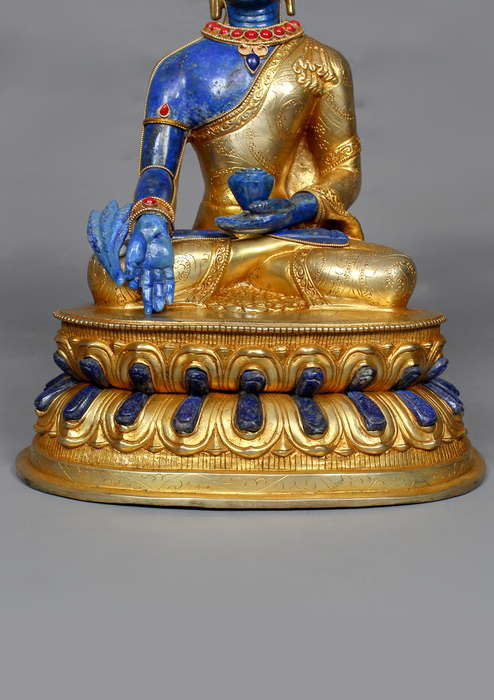 Lapis Lazuli Gold Plated Medicine Buddha Statue 12" H