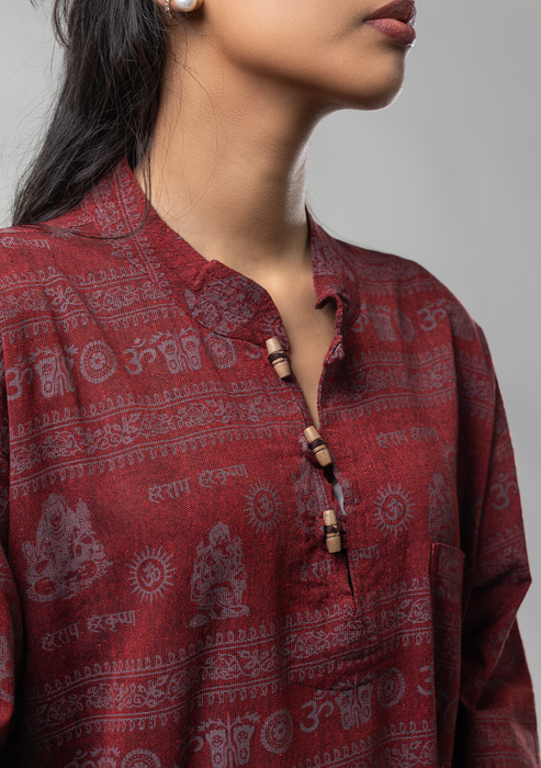 Hare Ram Hare Krishna Khadar Kurta Shirt - Maroon