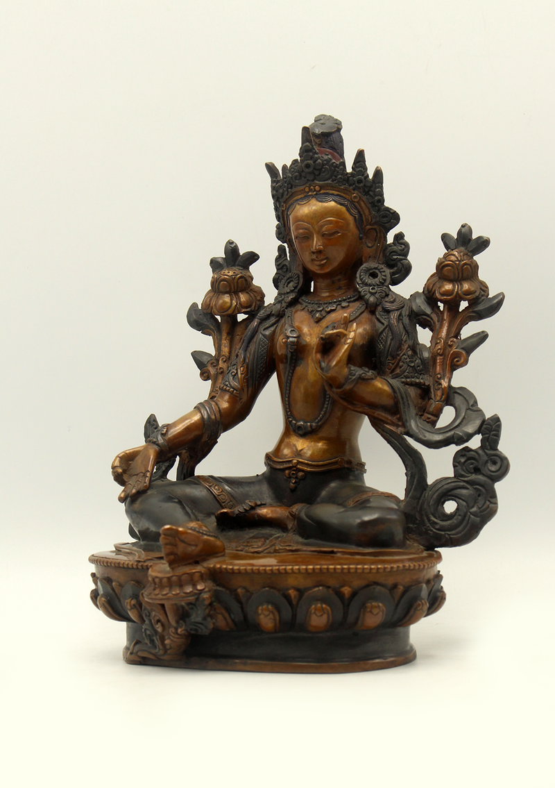 Copper Oxydized  Green Tara Statue 8" H