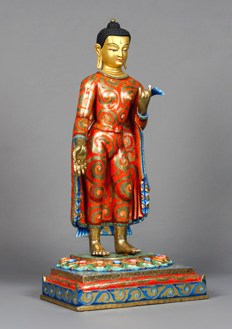 Masterarts Gilted Copper Gilted Standing Maitreya  Painted Statue 17.5" H