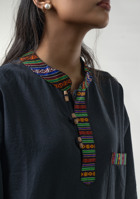 Bhutanese Pattern Cotton Kurta  Shirt - Black
