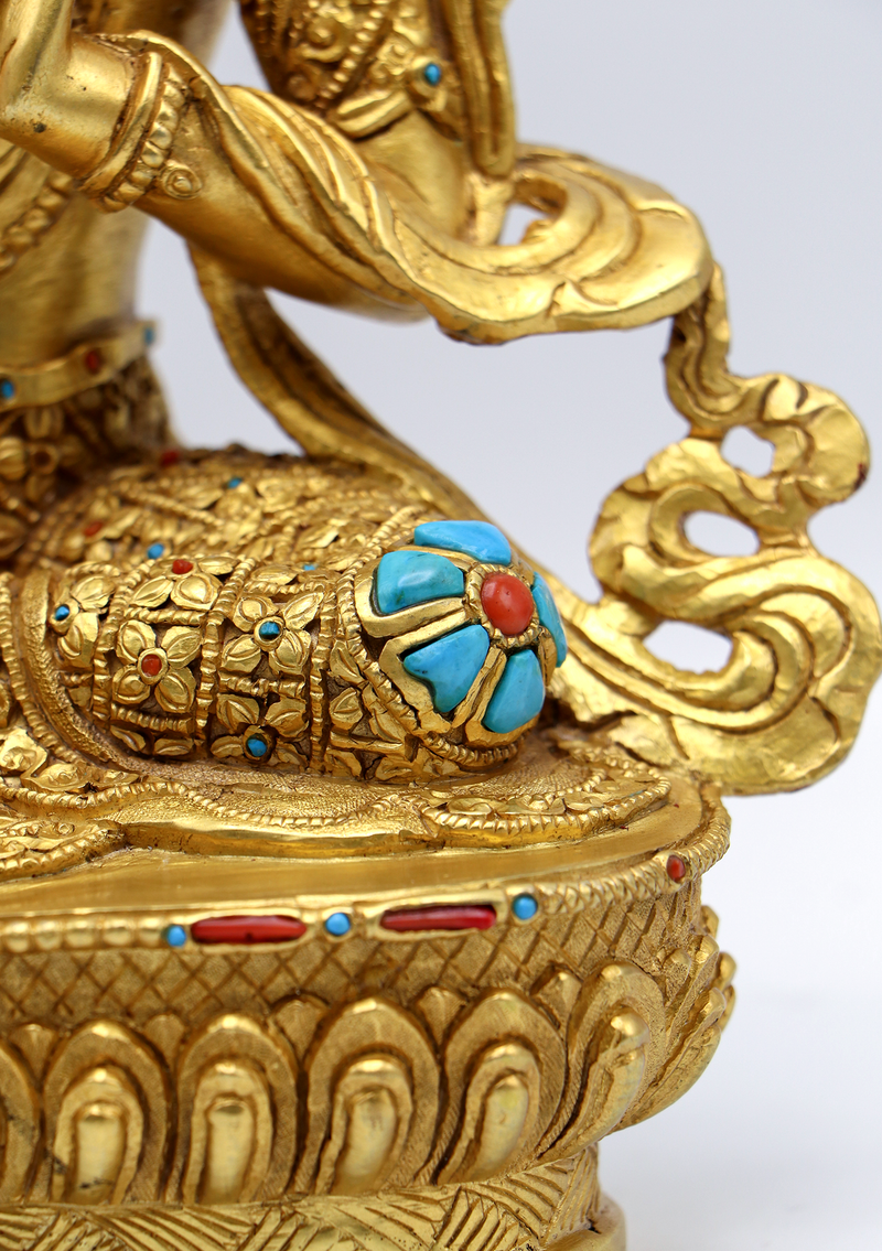 Full Gold Plated Copper Stone Inlaid Green Tara Statue 8.5"H
