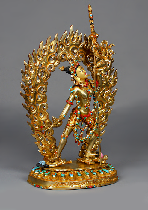 24K Gold-Gilded Vajrayogini Statue with Turquoise & Coral Inlay – 10.5"