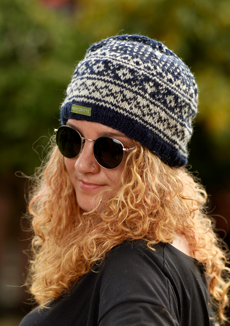 Navy Blue and White Mix Winter Woolen Beanie