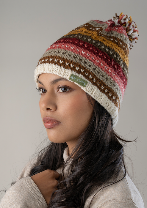Pink and White Multicolored  Love Sherpa Pom Pom Beanie