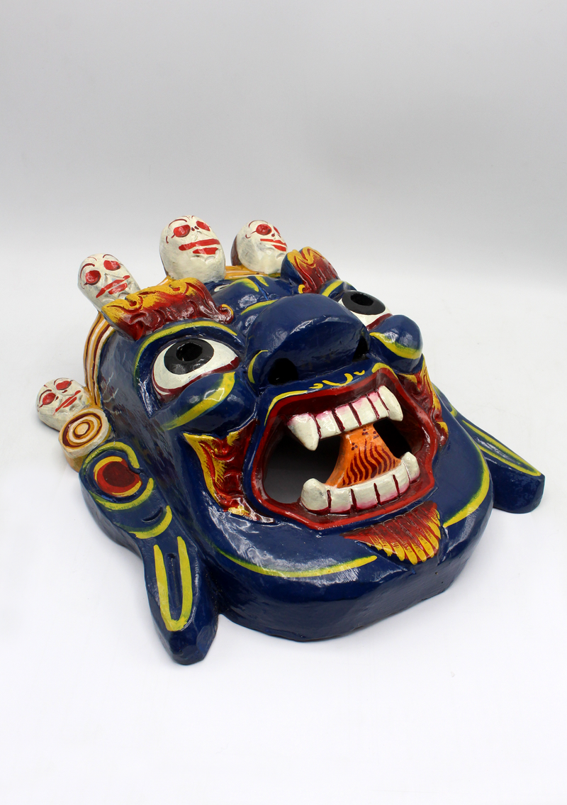Handcarved and Painted Wooden Bhairab Wall Hanging Mask - Blue