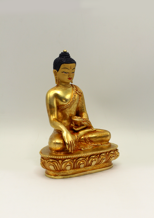 Full Gold Plated Floral Motif Carved Shakyamuni Buddha Statue 5.5"H