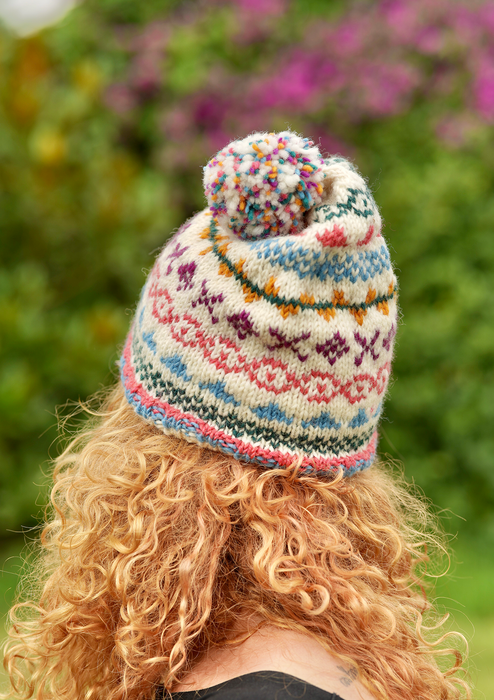 Woolen Blue and White Multicolored Sherpa Pom Pom Beanie