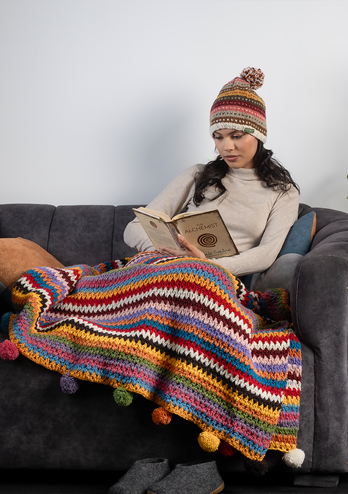 Rainbow Multicolor Hand Knitted Pom Pom Woolen Blanket