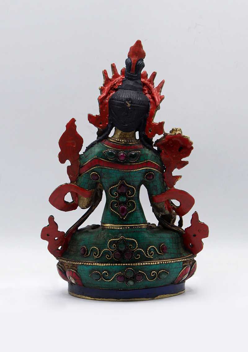 Stone Inlaid Copper White Tara Statue 9"H