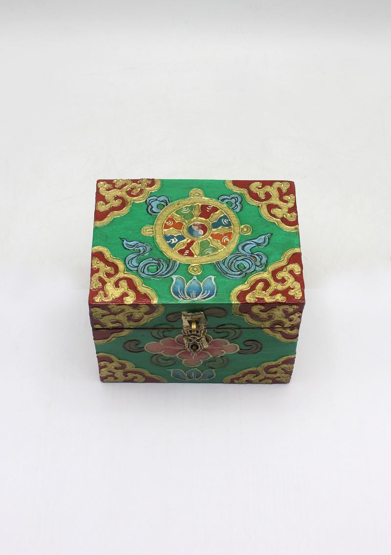 Handpainted Tibetan Wooden Boxes with Dharmachakra- Small