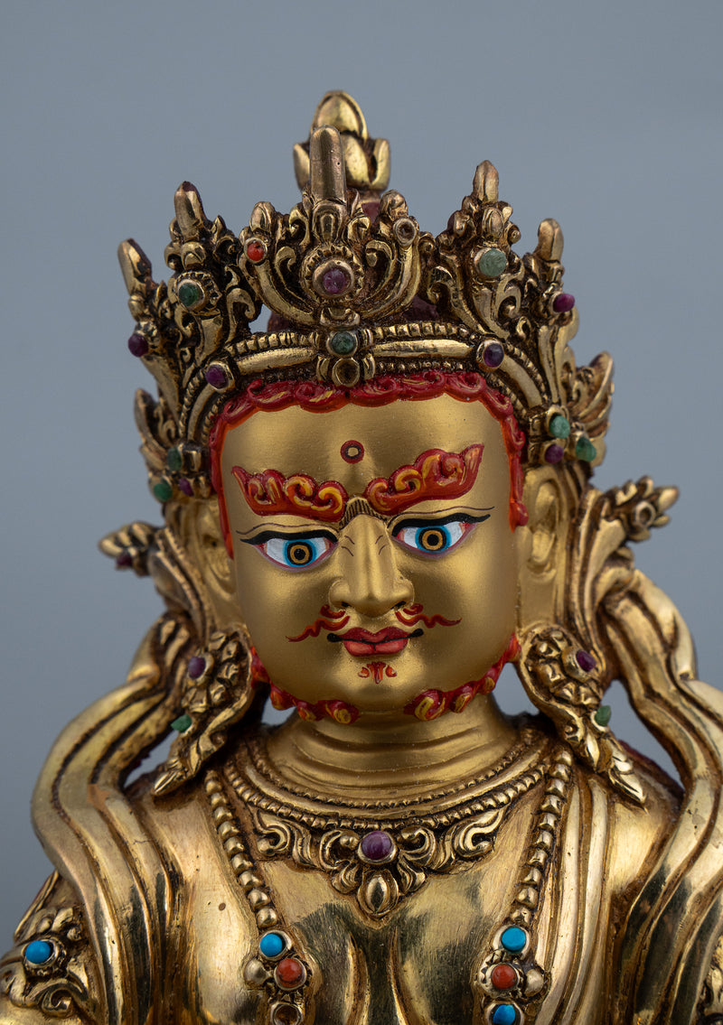 Fully Gold Plated Dzambhala Statue with Stone Inlays 7.5"H