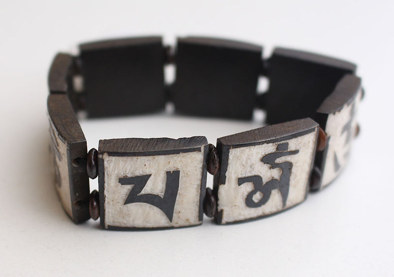 Om, Endless Knot and 8 Auspicious Symbol Carved Yak Bone Adjustable Bracelet
