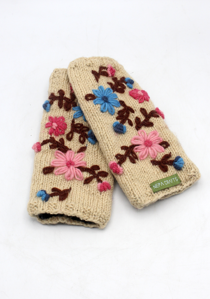 Flower Patterned Off-White Finger less Hand Warmer