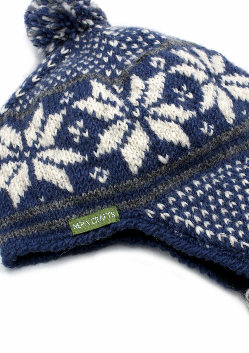 Hand Knitted  Snowfalke Blue Sherpa  Cap