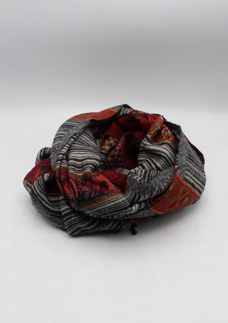 Hand loomed Maroon Blackand White Lined Woolen Shawl Nepal- Saugat