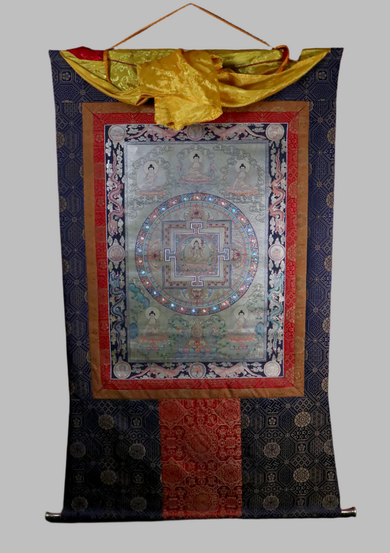 Pancha Buddha Mandala Silver  Brocade Thangka Painting