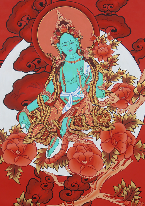 Hand-Painted Green Tara Thangka with Lunar and Cloud Design