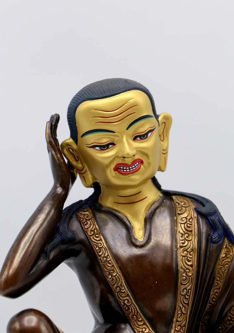 Gold Face Painted Copper Milarepa Statue 7.5"H
