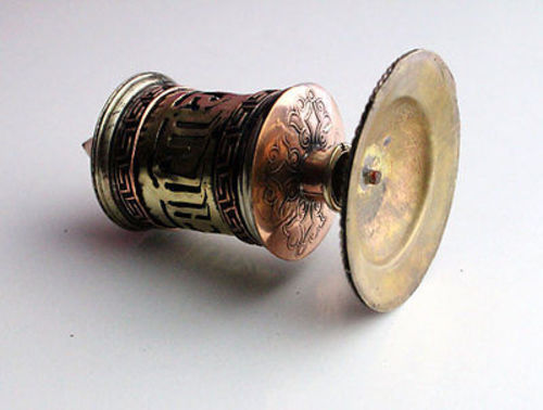 Om Mani Copper Metal Sheet Cut Desktop Prayer Wheel
