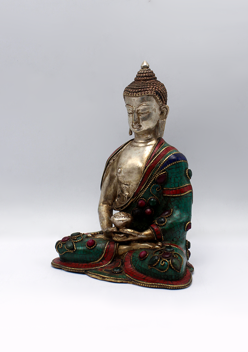 Stone Inlaid Copper Silverplated Amitabha Buddha Statue 6.5"H