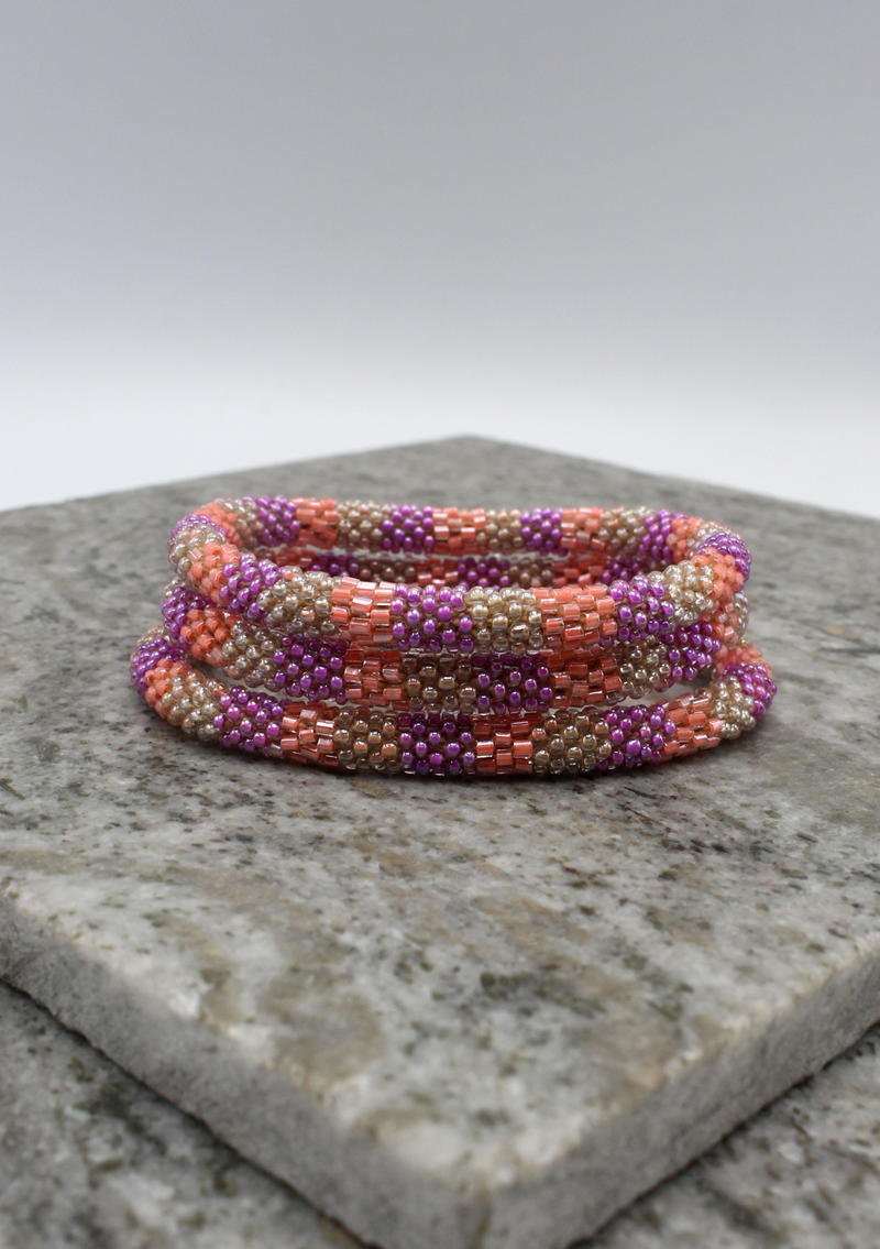 Rose Pink Purple Nepalese Roll on Beads Bracelet