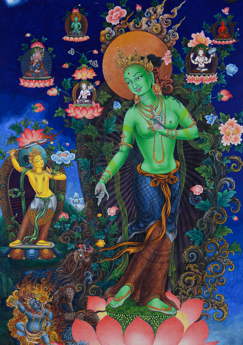 Standing Green Tara With Deities Thangka Painting Masterarts