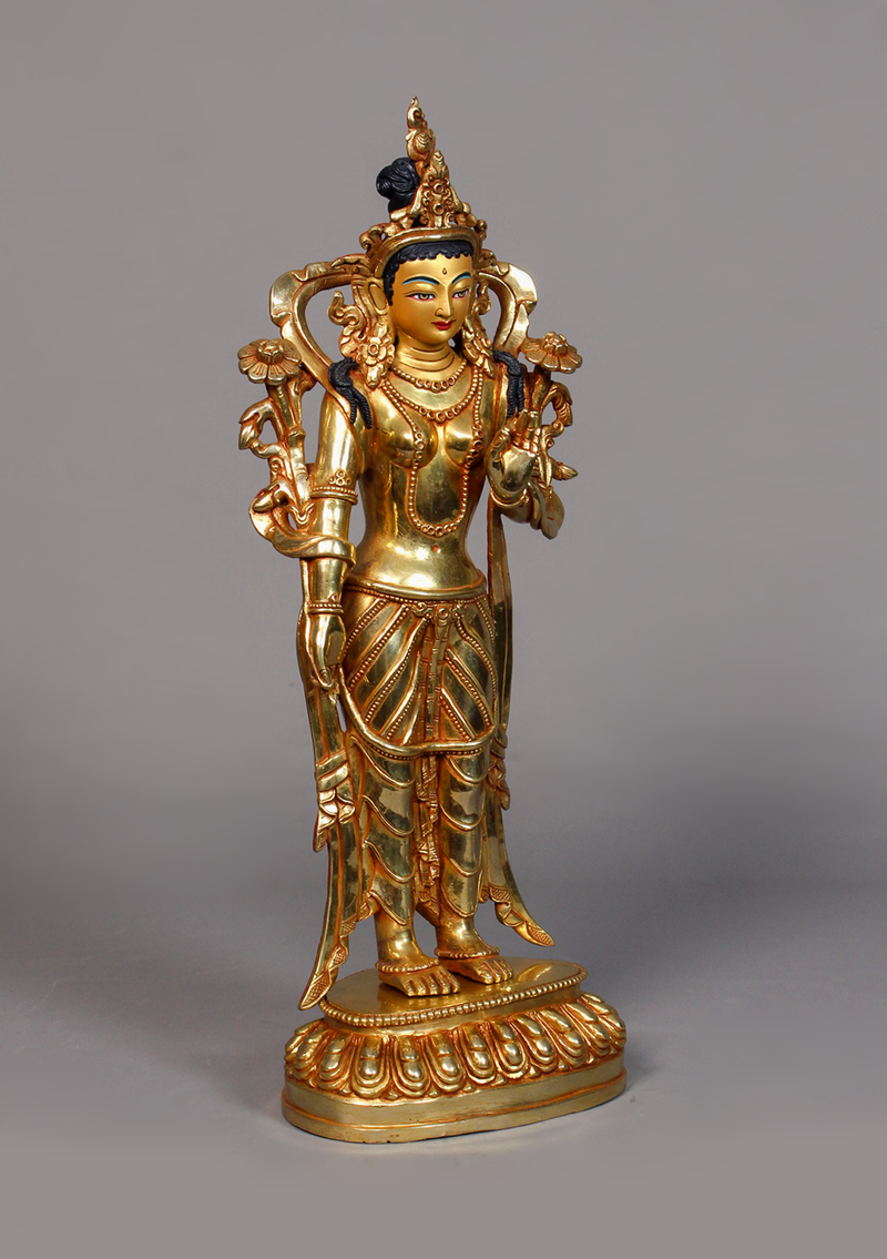 Fully Gold Plated Standing Tara Statue 13" H