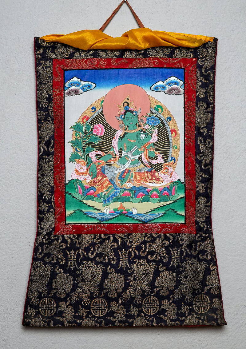 Green Tara Thangka Painting with Brocde