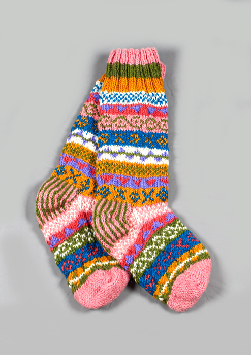 Handknitted Green and Pink Multicolor Woolen Knee High Socks