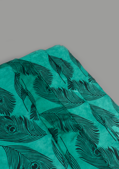 Peacock Feather Printed Green Lokta Paper Gift Wrap
