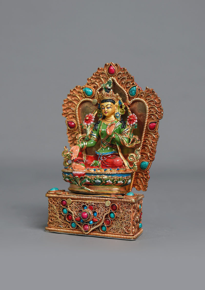 Handpainted Green Tara Statue with Stone-Inlaid Throne