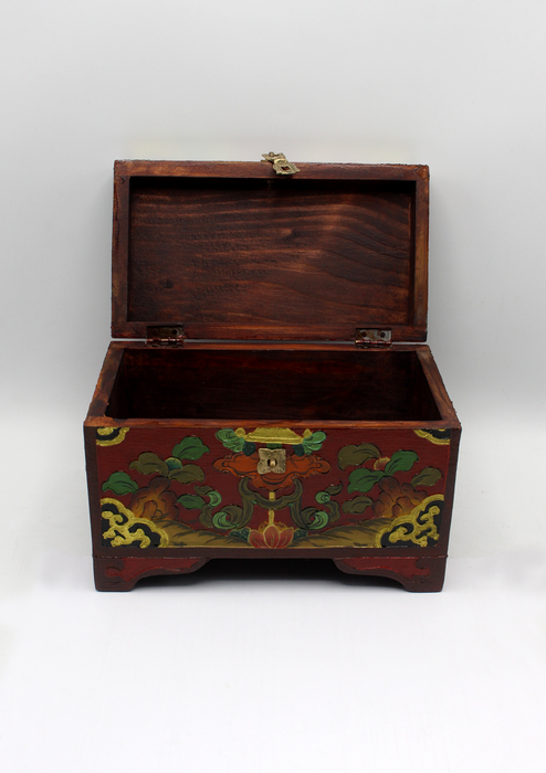 Handpainted Tibetan Red Flower Wooden Box with Parasol- Large