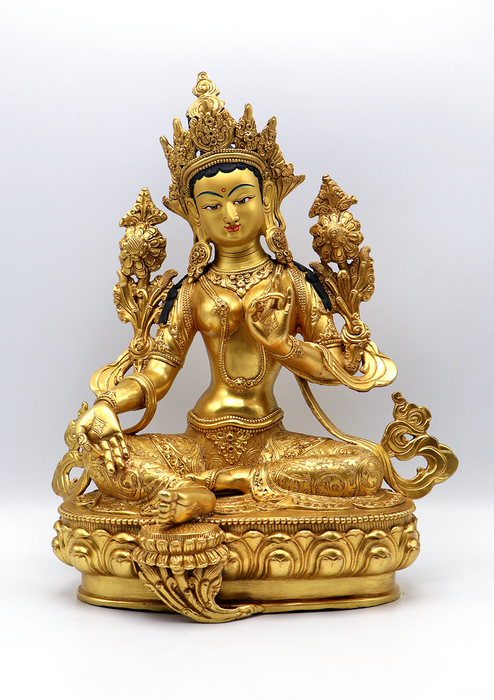 Green Tara Jetsun Dölma Gold Plated Copper Statue 13" H