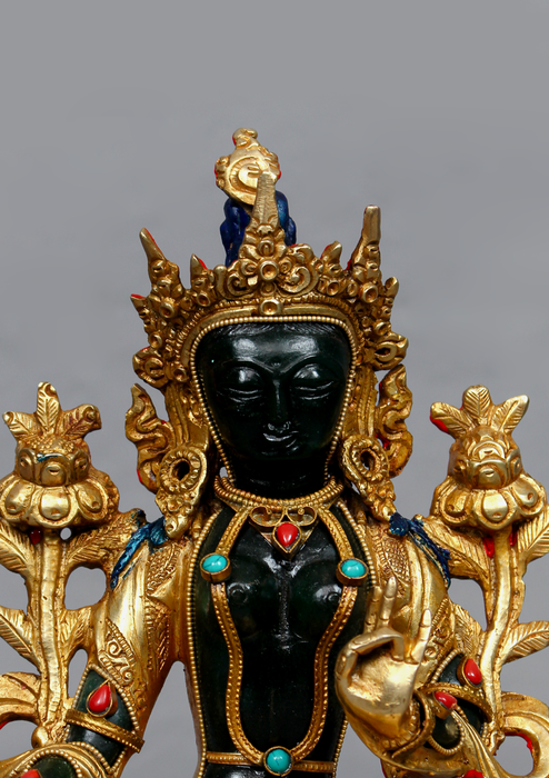 Gold Plated  Green Stone Green Tara Statue 9"H