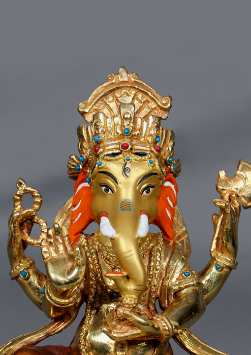 Handcrafted Copper Gold Plated  Ganesh  Statue 7" H