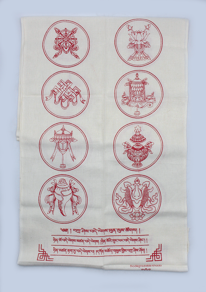 Biodegardable Eight Auspicious Symbol Buddhist Offering Scarf  Red Khada