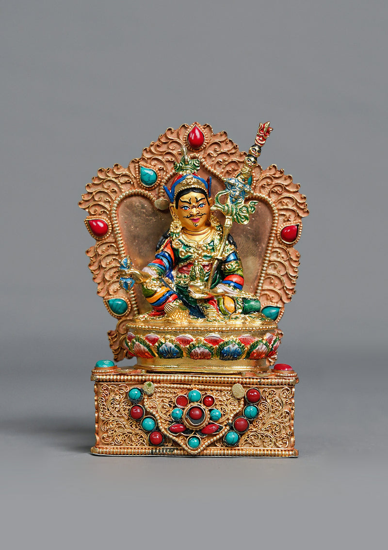 Handpainted Guru Padmasambhava Statue with Stone-Inlaid Throne
