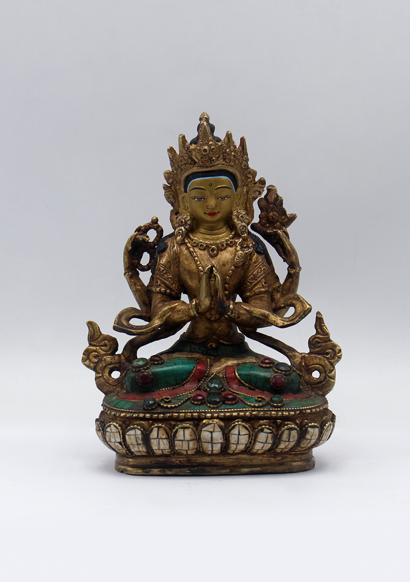 Stone Inlaid Copper Chenrezig Statue 6"H (2)