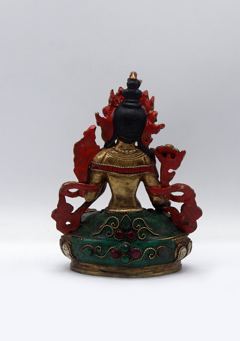 Stone Inlaid Copper White Tara Statue 6"H