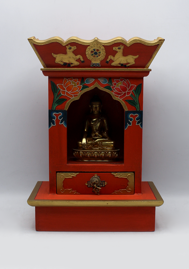 Parasol Tibetan Wooden Shrine Altar Box with Glass