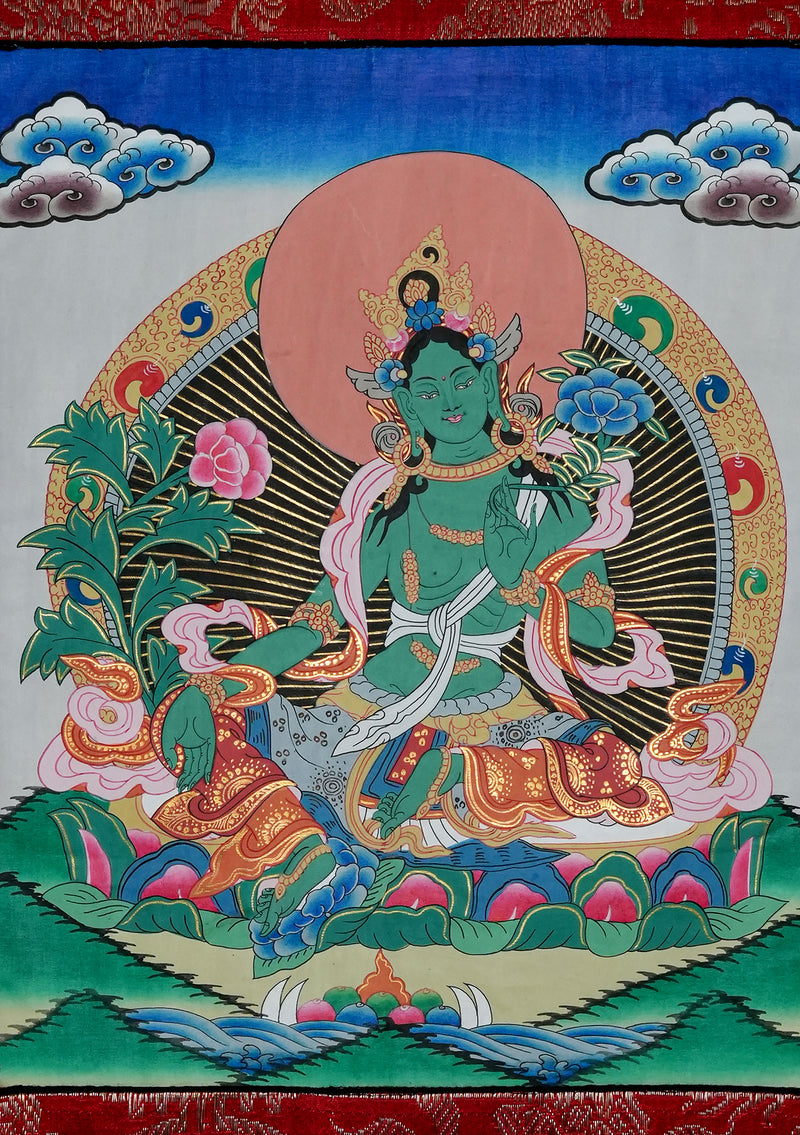 Green Tara Thangka Painting with Brocde