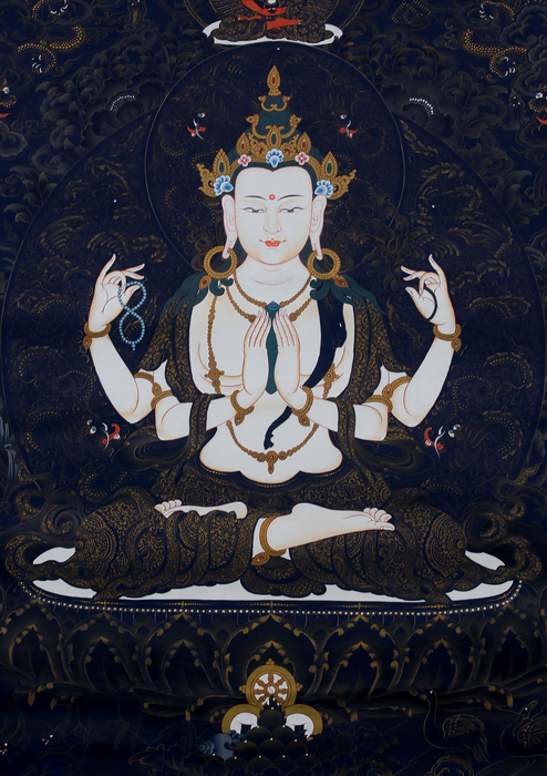 Chenrezig with Gold Highlights Brocade Thangka Painting