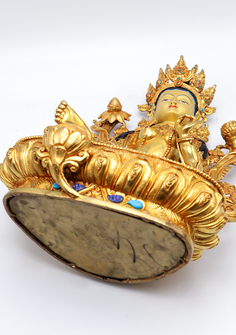 Green Tara 24 K Gold  Stone Inlaid  Copper Statue 12"H