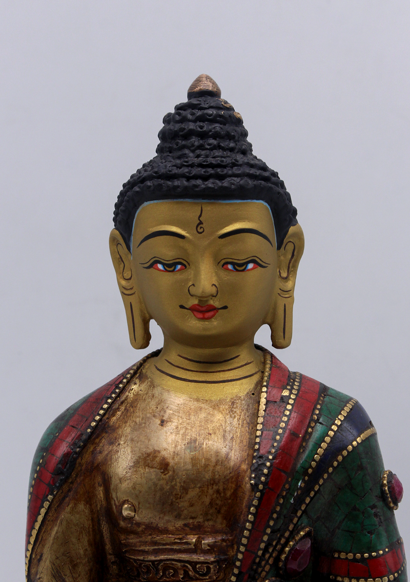 Stone Inlaid Copper Ratnasambhava Buddha Statue 8.5"H